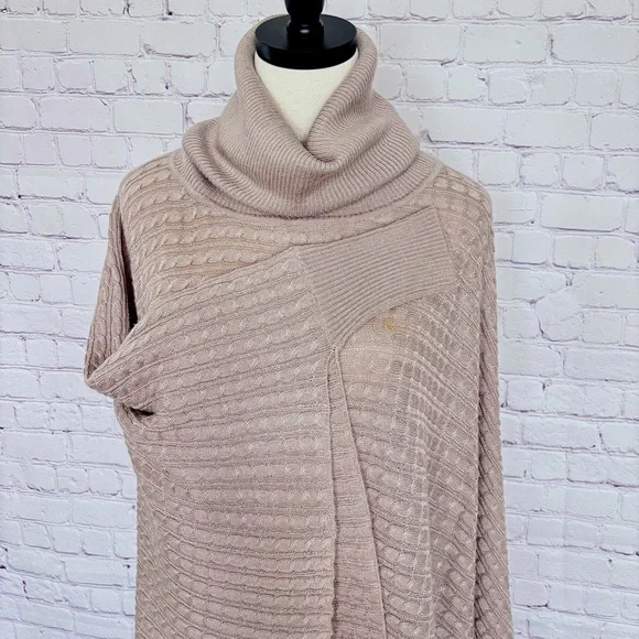 BOSTON PROPER Tan Cable Knit Turtleneck Poncho Sweater--EUC--XS/S - Picture 4 of 14